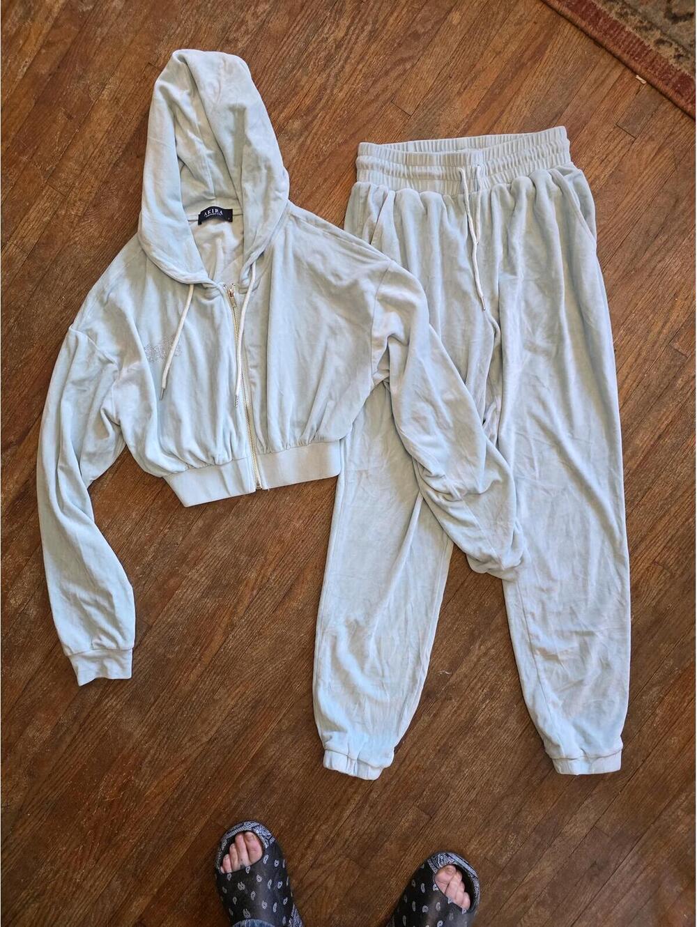 AKIRA "ICY" Rhinestone Velour Tracksuit Set Light Blue Sz S